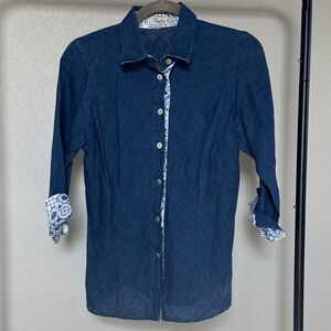 Vanity 100% Linen Blue Button Down Shirt with White Accents